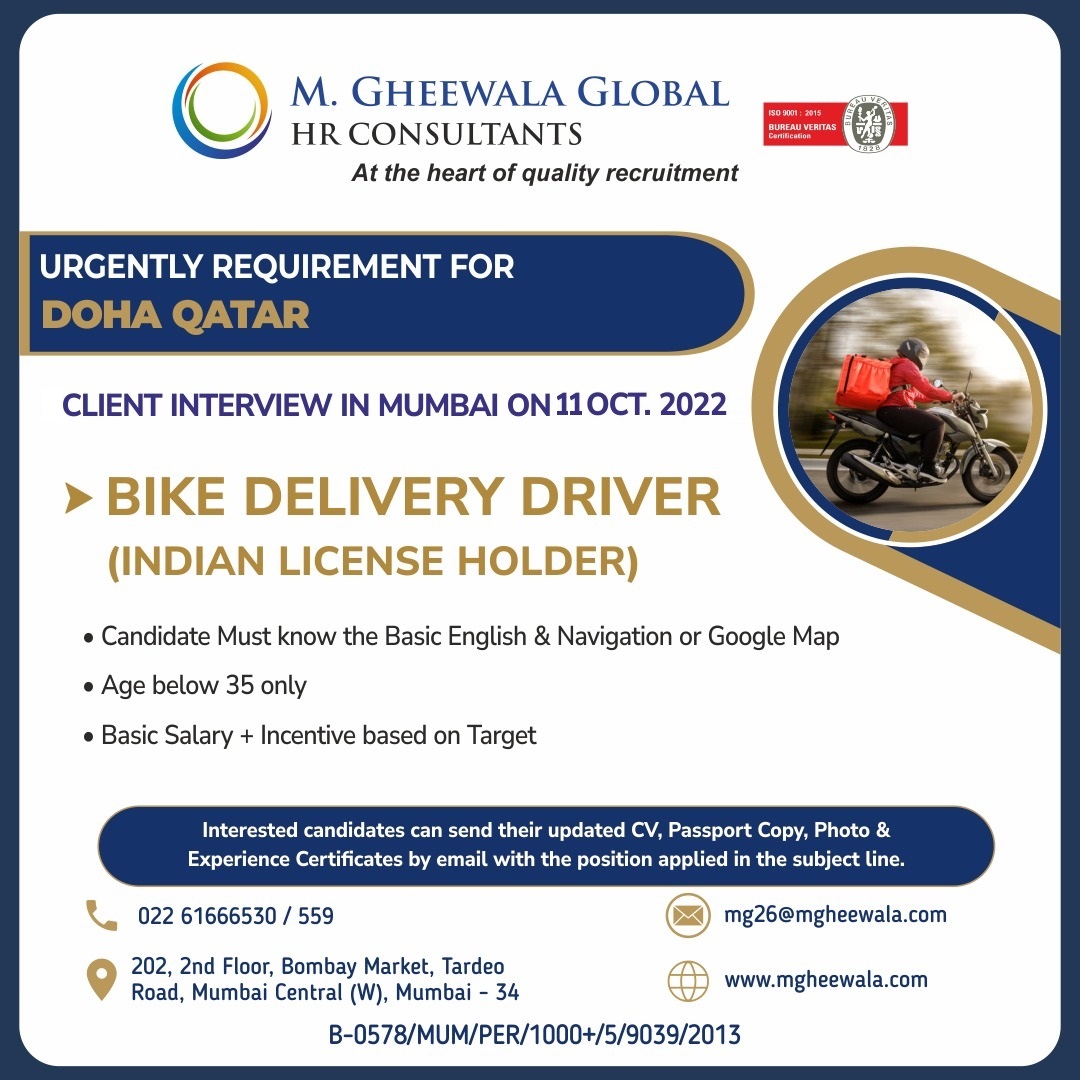mgheewala_hrc's tweet photo. Job Vacancies for #Qatar

Interested Candidates can send the updated resume to mg26@mgheewala.com

Learn More https://t.co/Ps4bxvjpD1

#driver #bikedriver #deliverydriver #drivingjob #indianlicense #licensedriver #goodsdelivery #goodsdelivery #mapoperator #dohajobs #qatarjobs https://t.co/WWcDTPVuRX