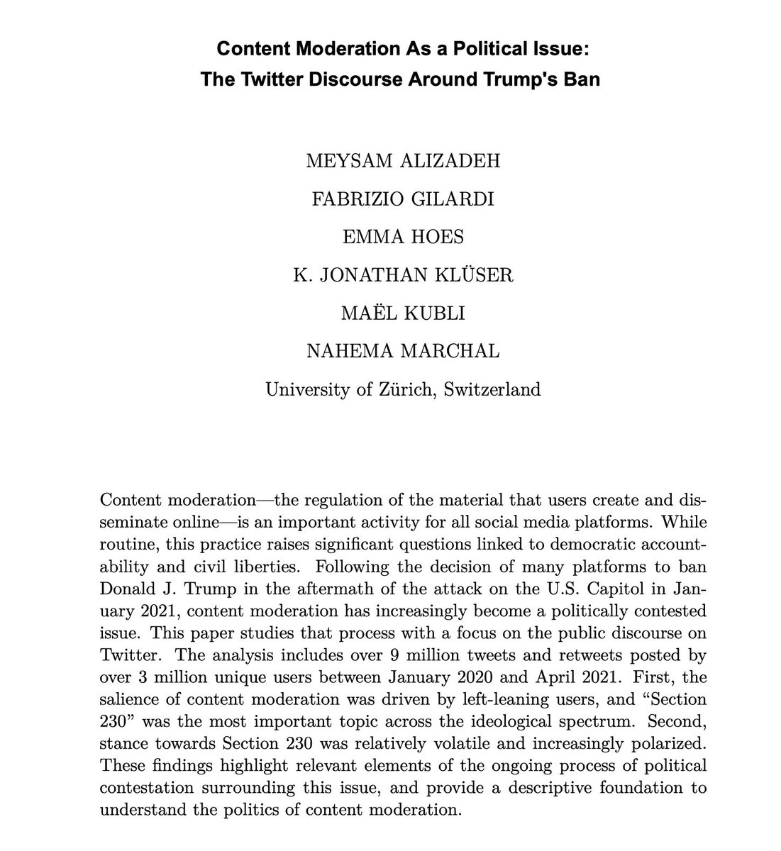 'Content Moderation As a Political Issue: The Twitter Discourse Around Trump's Ban' Very happy to see our first @PRODIGI_ERC paper out in the wonderful @journalqd! With @MeysamAIizadeh @EmmaHoes93 @klueserthan @MaelKubli @nahema_marchal #OpenAccess journalqd.org/article/view/3…