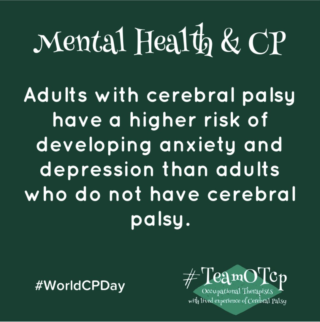 #WorldCPDay  #TeamCPOT  takeover #BeAnAbleOTAlly Absorb, Learn and Reflect. Mental health and CP - Adults with cerebral palsy have a higher risk of developing anxiety and depression that adults who do not have cerebral palsy.
 jamanetwork.com/journals/jaman…
gy/fullarticle/2719463