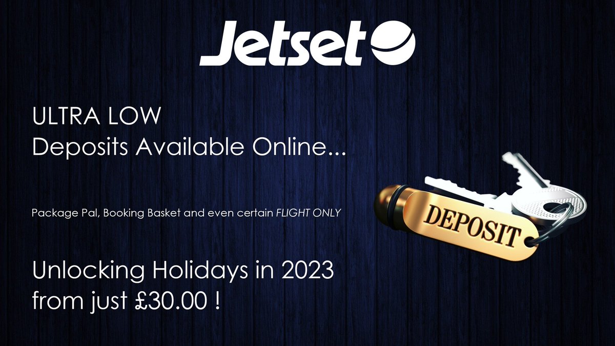 Keep an eye out for those ULTRA LOW deposits with Jetset ....
Easily identified by the 'deposit' logo within Package Pal OR simply use the 'Fare Types' filter within flight search to find those awesome deposit fares starting from as low as £30.00! ✔