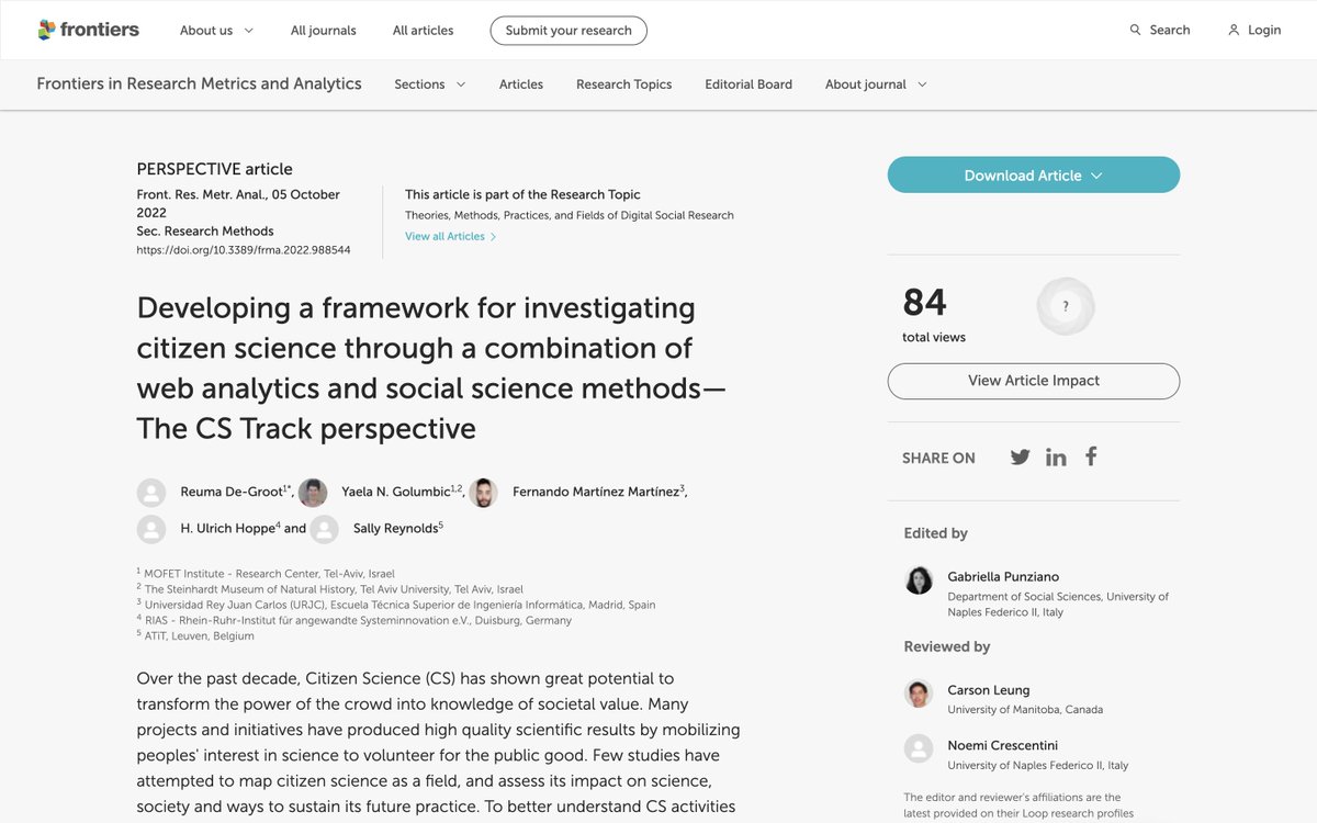 We are happy to announce that article entitled "Developing a framework for investigating #CitizenScience through a combination of web analytics and social science methods—The CS Track perspective", has been published! 

Check it out 👉frontiersin.org/articles/10.33…

#H2020 #CitSci