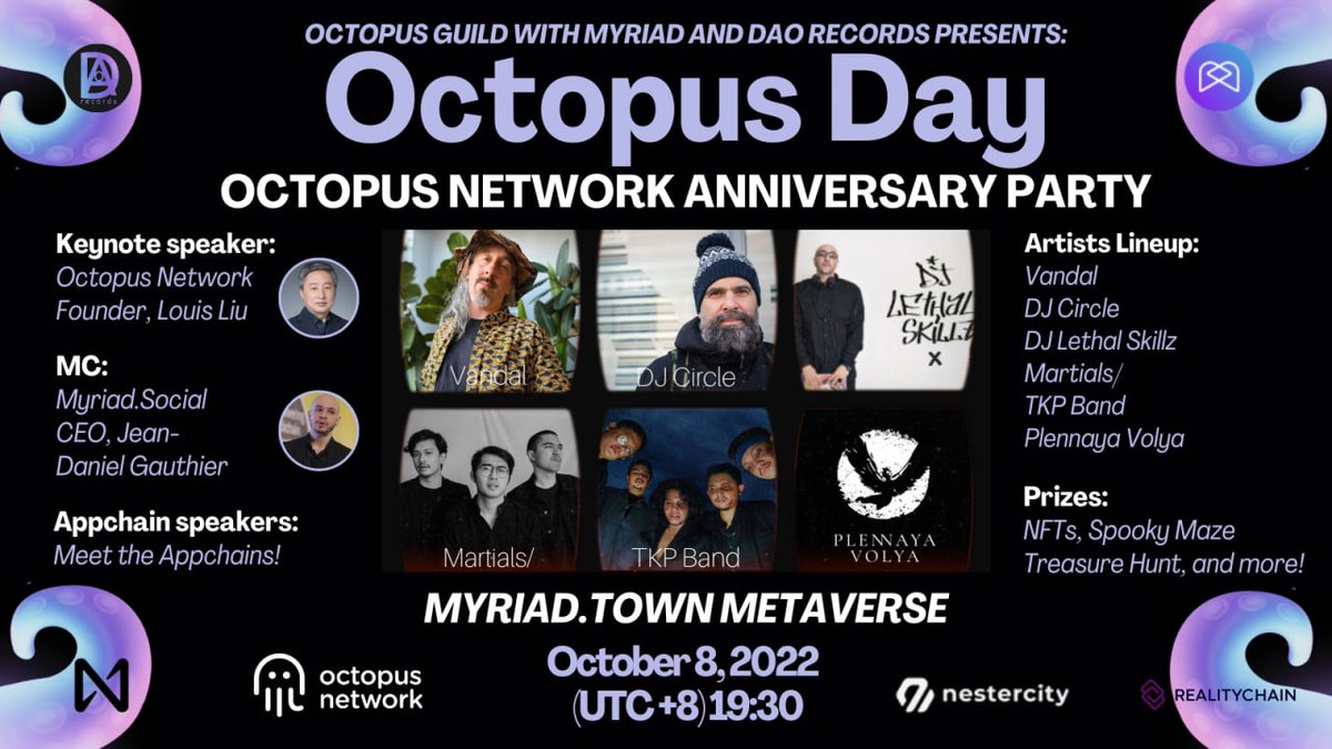 myriad_social's tweet photo. Save the date!

📅 October 8, 2022
🌐 https://t.co/9gPRAq8dCv
🕢 19:30 UTC+8

We will be hosting @oct_network's anniversary party.

See how Octopus Network and its appchains have thrived since its inception.

Join us! 

There will be music, NFTs, a treasure hunt &amp; prizes for all! https://t.co/IFpSoU3Moo