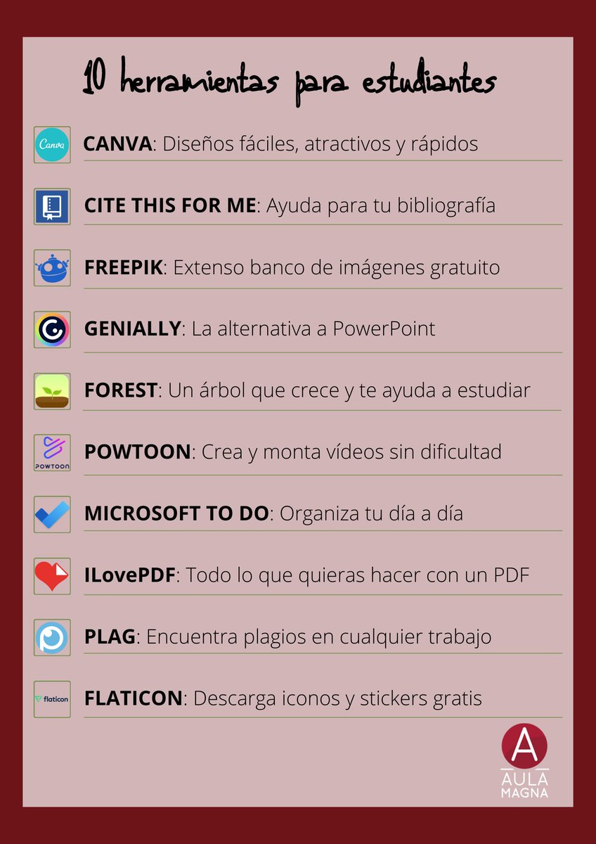 AulaMagna's tweet photo. 💾 PARA GUARDAR 💾

👉 Os presentamos diez #Herramientas que todo estudiante debería conocer para sacar el máximo partido a su rendimiento académico. https://t.co/3DvDkIXJxo