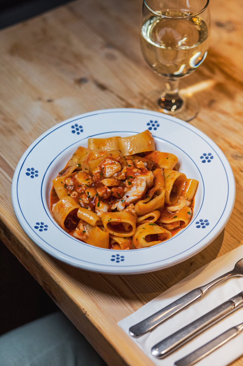 Amatriciana 'di mare' ~ calamarata with guanciale, cod loin, squid, Campania toms! 🧡