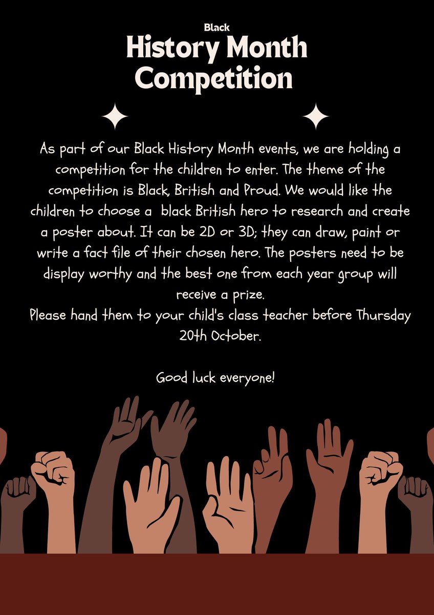 As part of our Black History Month events, we are holding a very exciting competition! 🏅🏆See details above! Good luck everyone! 💪🏽 #blackhistorymonth #blackandbritish #blackheroes