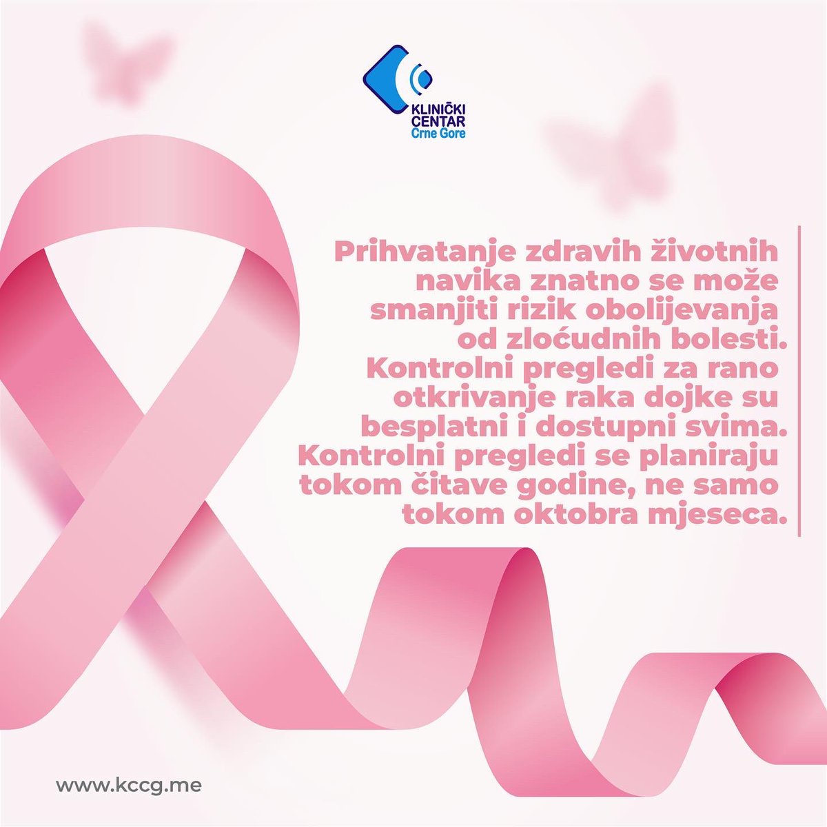 klinicki_centar's tweet photo. 🌸 Ružičasti oktobar 🌸

Brini o sebi!
Izaberi zdrav način života!

#kccg #klinicki_centar_cg #ruzicastioktobar #rak #rakdojke #pregled #prevencija #zdravlje #zivot #podgorica #crnagora🇲🇪 https://t.co/FLdagXRTcD