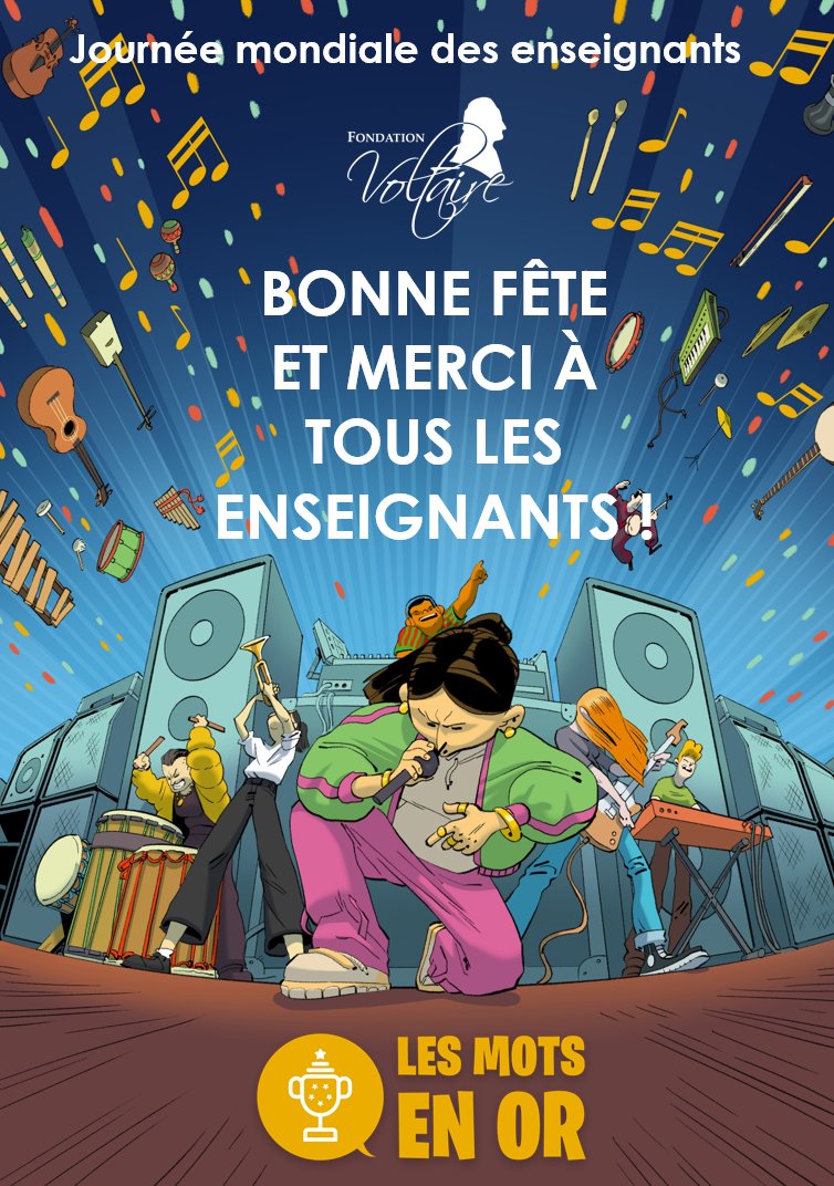 Fondat_Voltaire's tweet photo. Journée mondiale des enseignants
#MerciProf
Merci à tous les enseignants pour leur engagement auprès des élèves et des étudiants, bonne fête !
#LesMotsEnOr https://t.co/4Zg0OJVBVS