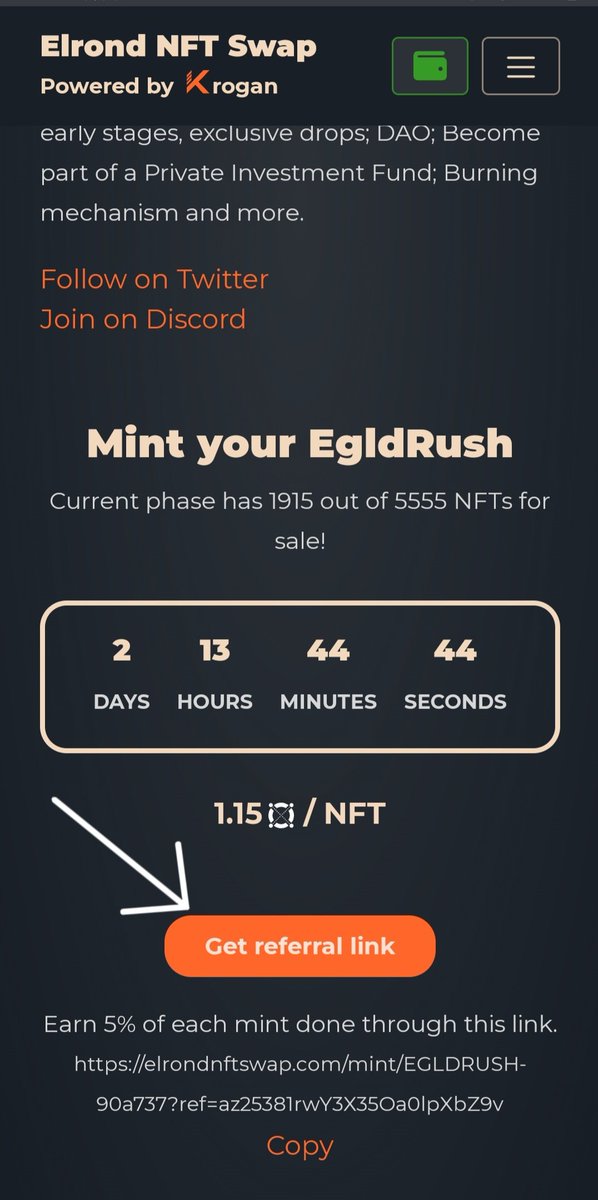 <a href="/everyone/">Everyone</a> 

The EgldRush refferal link is ready🚀

Earn 5% from the sales generated from your link till we get sold out.

How to generate a link?

1️⃣ Go to our MINT page

elrondnftswap.com/mint/EGLDRUSH-…

2️⃣Connect your wallet

3️⃣Generate your link and earn EGLD straight into your wallet.