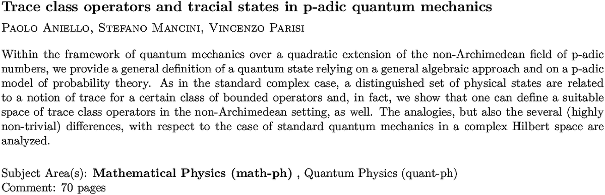 arXiv_math_ph's tweet photo. https://t.co/UfOPNGHWai
P Aniello et. al.
Trace class operators and tracial states in p-adic quantum mechanics https://t.co/2rxkv0ipPn