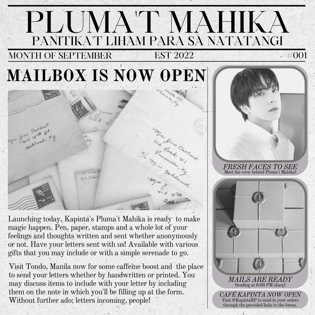 ⠀⠀

⠀SEND YOUR LOVED ONE AN OLD 
⠀FASHIONED MAIL!

Tap in our carrd and select Pluma't Mahika for a quick blast back to the old fashioned way of sending thoughtful messages.
Delivers at exactly 8:00 PM daily. 

— kapinta.carrd.co

⠀⠀
