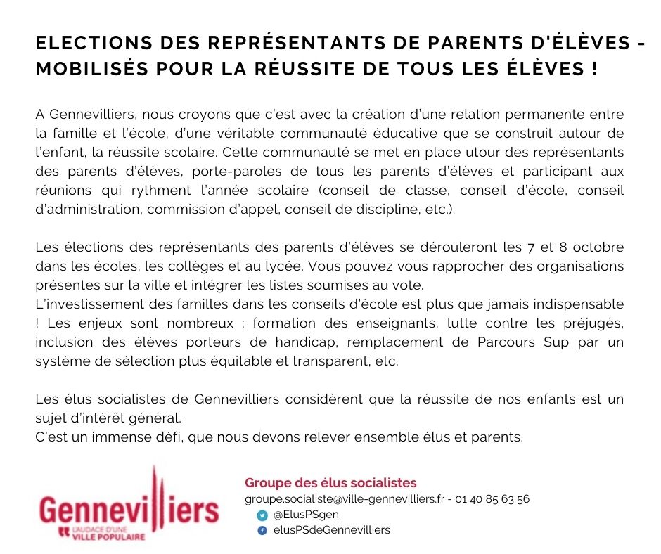 ElusPSgen's tweet photo. Tribune des @ElusPSgen dans le #Gennevilliers Magazine d'octobre : "Elections des représentants de parents d'élèves - mobilisés pour la réussite de tous les élèves ! "
#éducation #école https://t.co/DL4fXR2ei6