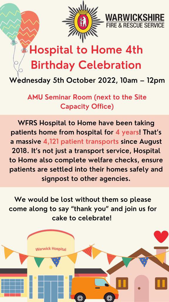 rawbubbles9's tweet photo. Today @nhsswft we celebrate the collaborative working with @WarksFireRescue @Warwickshire_CC supporting taking our patients home safely, their support undertaking g safe and well checks including fire safety in the home - thank you so much for the 4 years and all you do each day https://t.co/0dqWXrs27B