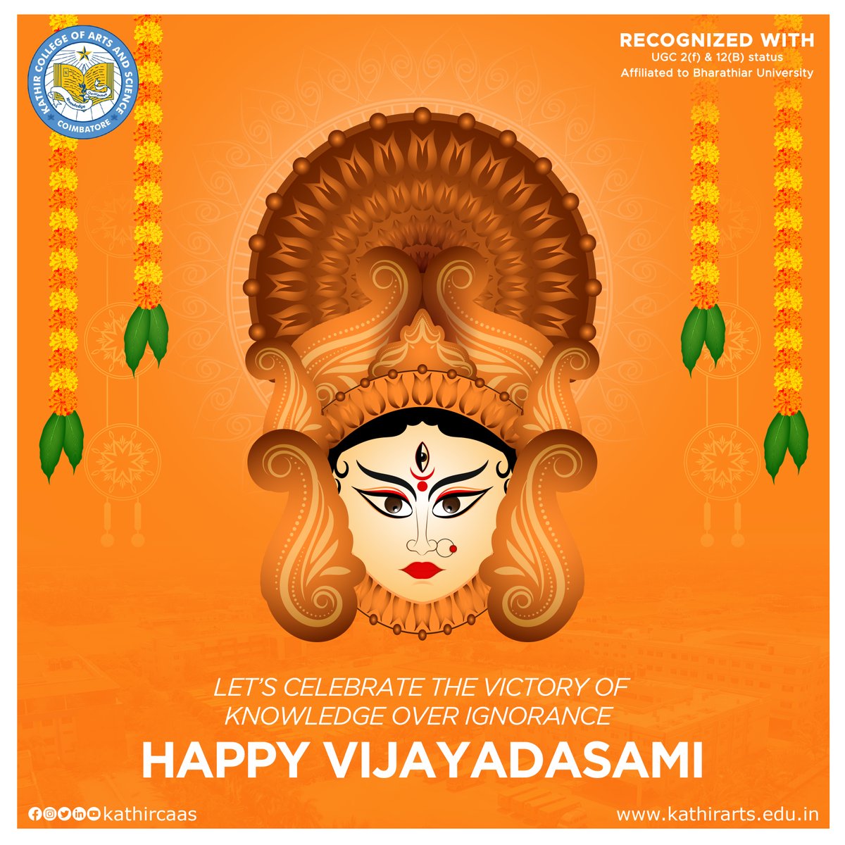 Kathircaas's tweet photo. On this auspicious occasion of the last day of Navratri, let the Deity bless you with knowledge, strength, and prosperity in life.
Happy Vijayadasami!
#kathircaas #nammakathir #kcaas #kathircollege #kathircollegeofartsandscience #VijayaDashami #happy #HappyVijayadashami #happy https://t.co/VVWRGBE0oH