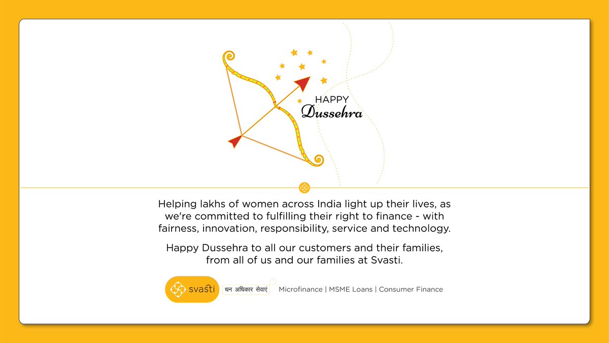 Svasti_IN's tweet photo. Helping women across India light up their lives with a #RightToFinance, we are committed to eliminating some of the money-related evils faced by the countless enterprising #women who contribute significantly to our society and economy.

#HappyDussehra  from all of us at Svasti! https://t.co/j4uIJytki3