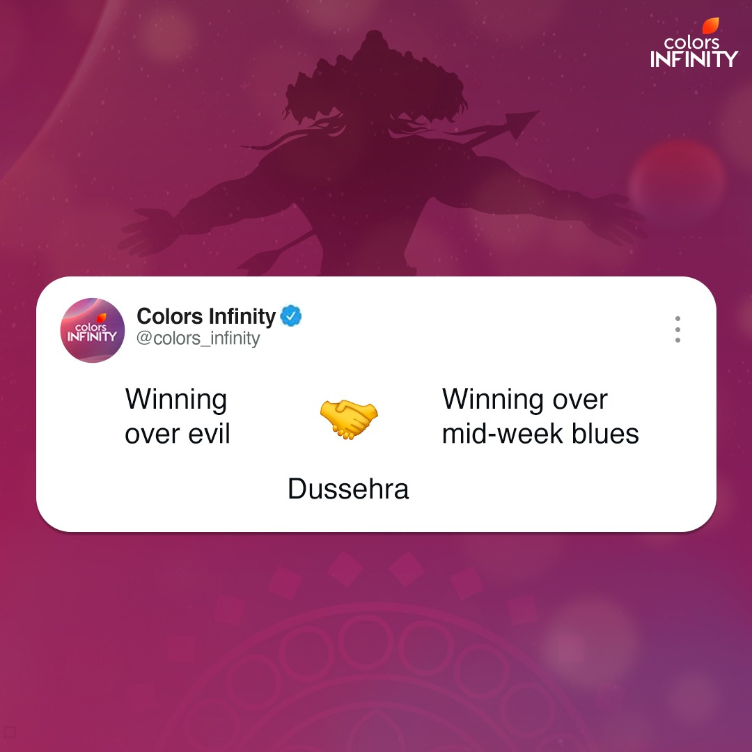 colors_infinity's tweet photo. Let the spirit of this festival put an end to all evils, be it the mid-week blues or the negative vibes. 😇

Colors Infinity wishes you all a very #HappyDussehra ✨

#Dussehra  #Dussehra2022 #winoverevil #noevil #nomidweekblues #goodoverevil #ColorsInfinity https://t.co/mDVNAPo8kV