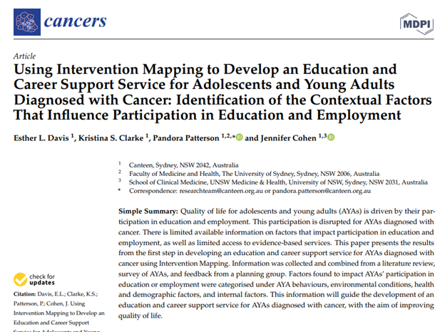 [1/5] @CanteenAus aims to help AYA impacted by cancer reach their work and education goals. Our new paper describes the influences, behaviours, and environmental conditions on AYA participation in education or employment @PPattersonPhD @Cancers_MDPI mdpi.com/2072-6694/14/1…