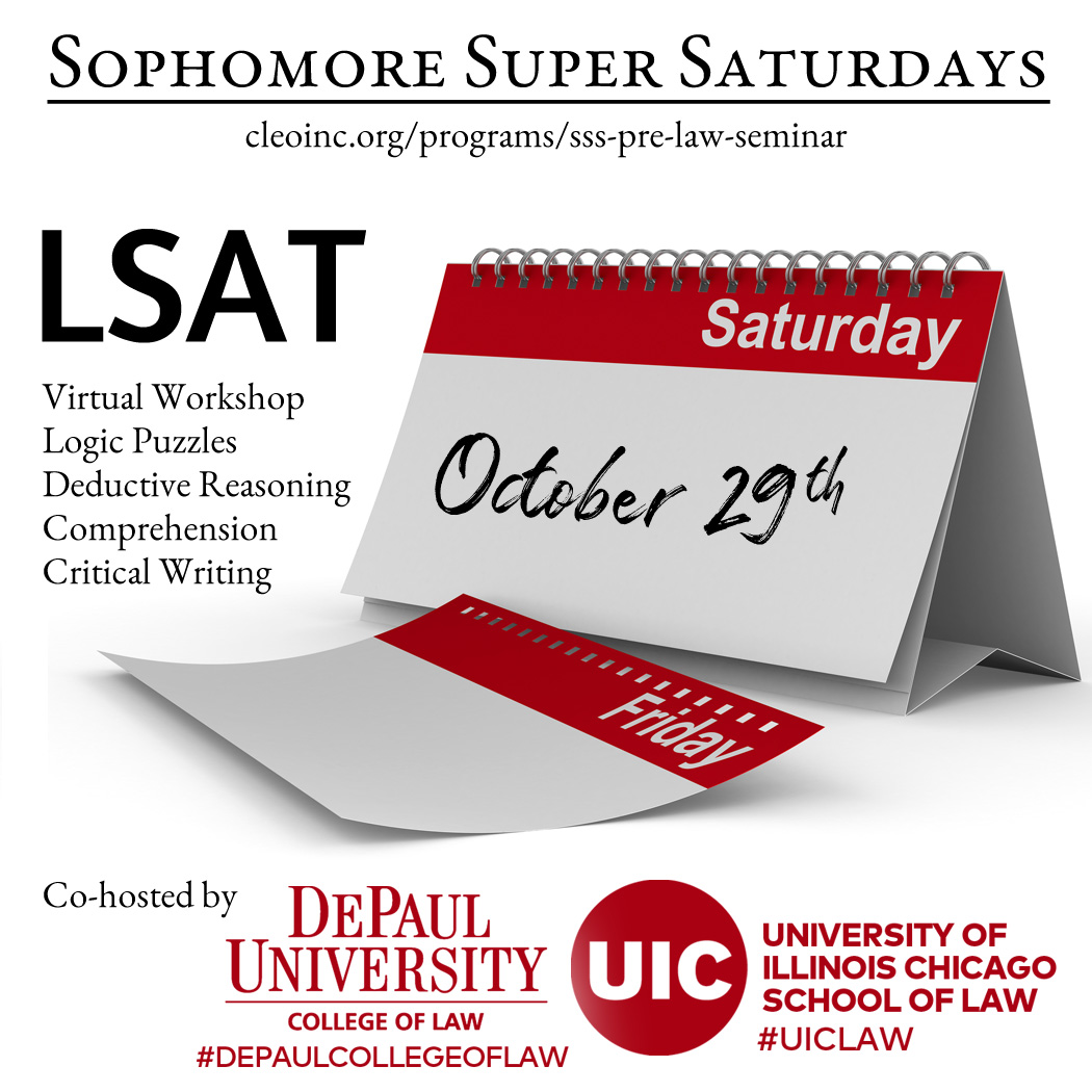 College Sophomores join us for an online workshop to improve your LSAT knowledge and skills in logical reasoning, reading comprehension, and writing skills. Saturday, October 29th, co-hosted @DePaulLaw, and  @uiclaw  cleoinc.org/programs/sss - #prelaw #lsat #futurelawyer