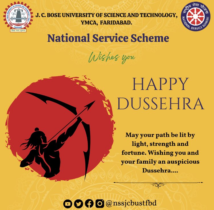 nssjcbust's tweet photo. 𝐖𝐡𝐞𝐫𝐞 𝐭𝐡𝐞𝐫𝐞 𝐢𝐬 𝐃𝐡𝐚𝐫𝐦𝐚 , 𝐭𝐡𝐞𝐫𝐞 𝐢𝐬 𝐯𝐢𝐜𝐭𝐨𝐫𝐲.🏹

🌸NSS Cell of JCBOSE UST wishes you a HAPPY DUSSEHRA ✨

🌸May Lord Rama bless you with strength and courage to follow the path of virtue and righteousness. ✨ Good wishes for a joyous Vijayadashmi🌸 https://t.co/TTuWX2hjiH