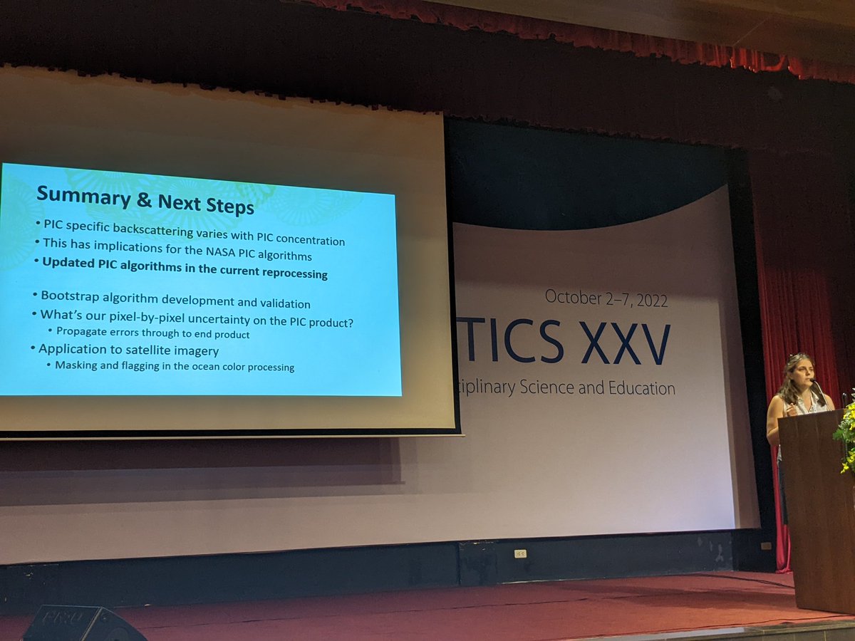 HayleyEversKing's tweet image. Catherine Mitchell presents variability in light scattering by coccolithophores and how this impacts remote sensing of PIC #OOXXV