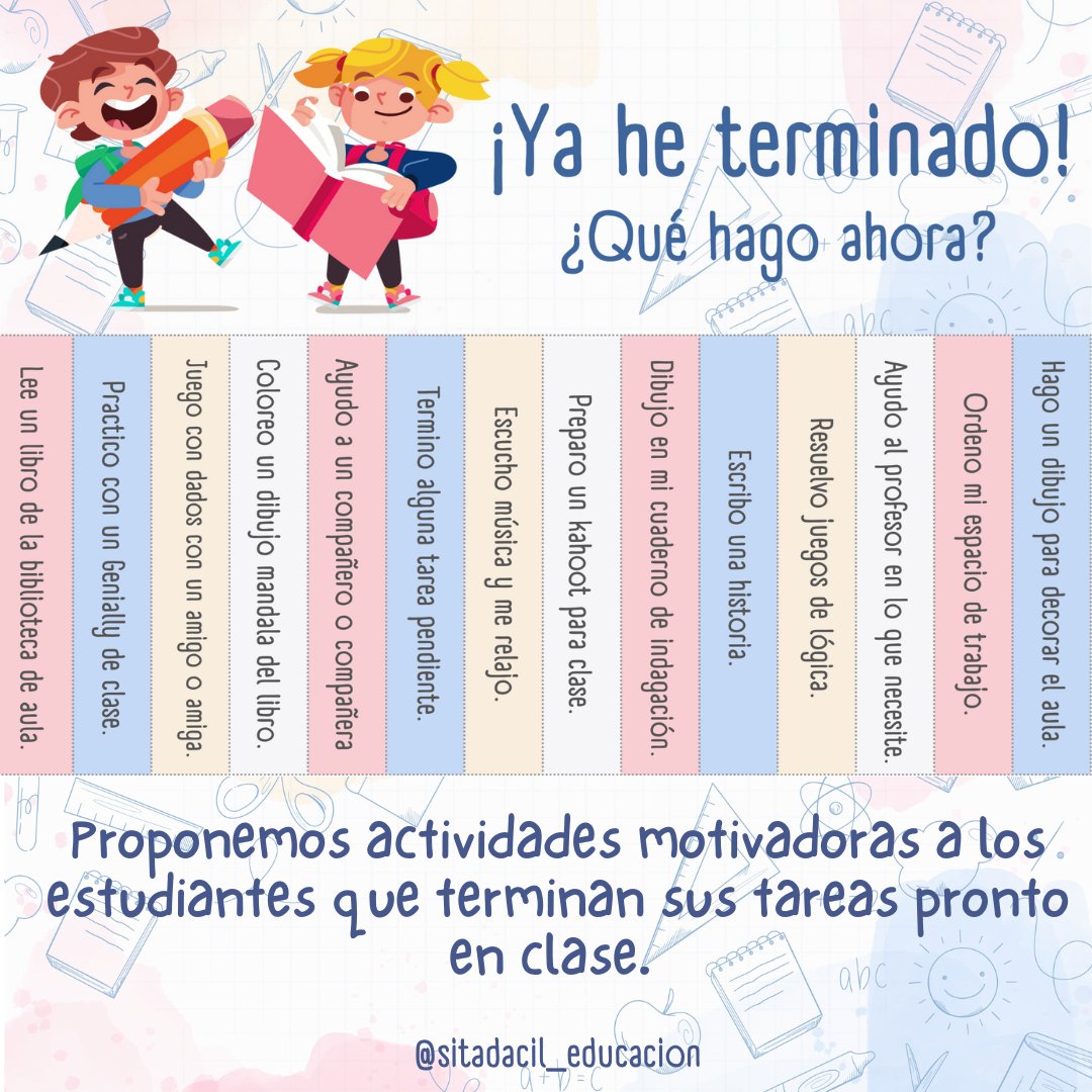 dacilgonz's tweet photo. Los estudiantes trabajan a diferentes ritmos y todos tenemos en clase estudiantes que terminan las tareas rápido. Pero, ¿qué pueden hacer los primeros en terminar en lugar de permanecer inactivos mientras todos trabajan?
https://t.co/WsHGpnDHgX

@imgende @janotajunto @MIACeduca https://t.co/9l4wASAdDz