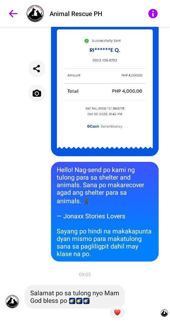 jslsprogram's tweet image. — #jslsprogramproofs 

Hello! Nakalimutan kong i-tweet sorry. Nakapag send po kami ng 4k sa Animal Rescue PH. Maraming salamat sa donations ninyo! Sayang hindi kami nakapunta dahil busy.