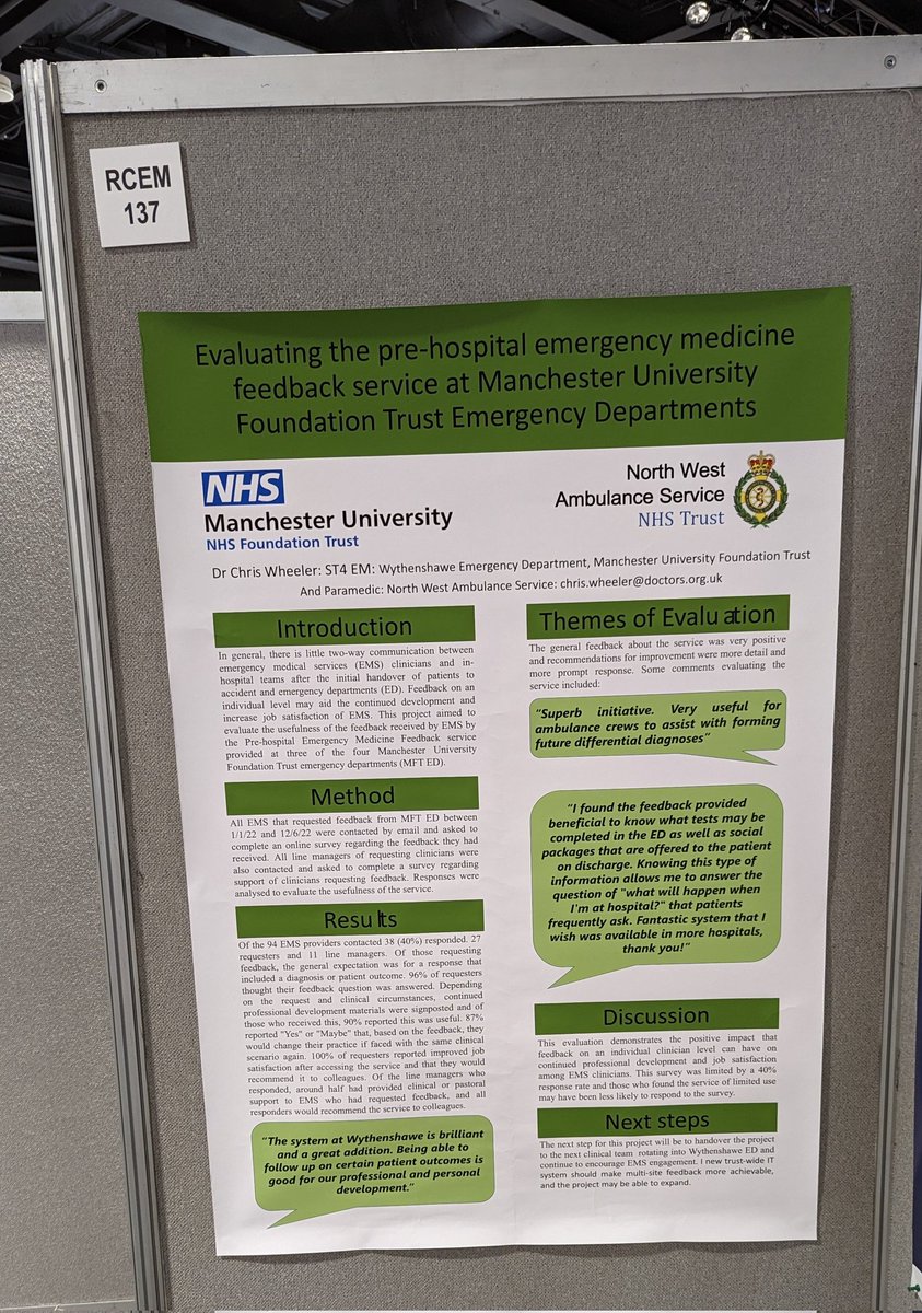My poster at #RCEMasc evaluating the Pre-hospital Emergency Medicine Feedback service at Manchester University Foundation Trust. @999_Caitlin @PHEMFeedback @EMManchester @MRI_ED @WythenshaweEme1 @RMCH_PED @NWAmb_learning @NWAmb_Central