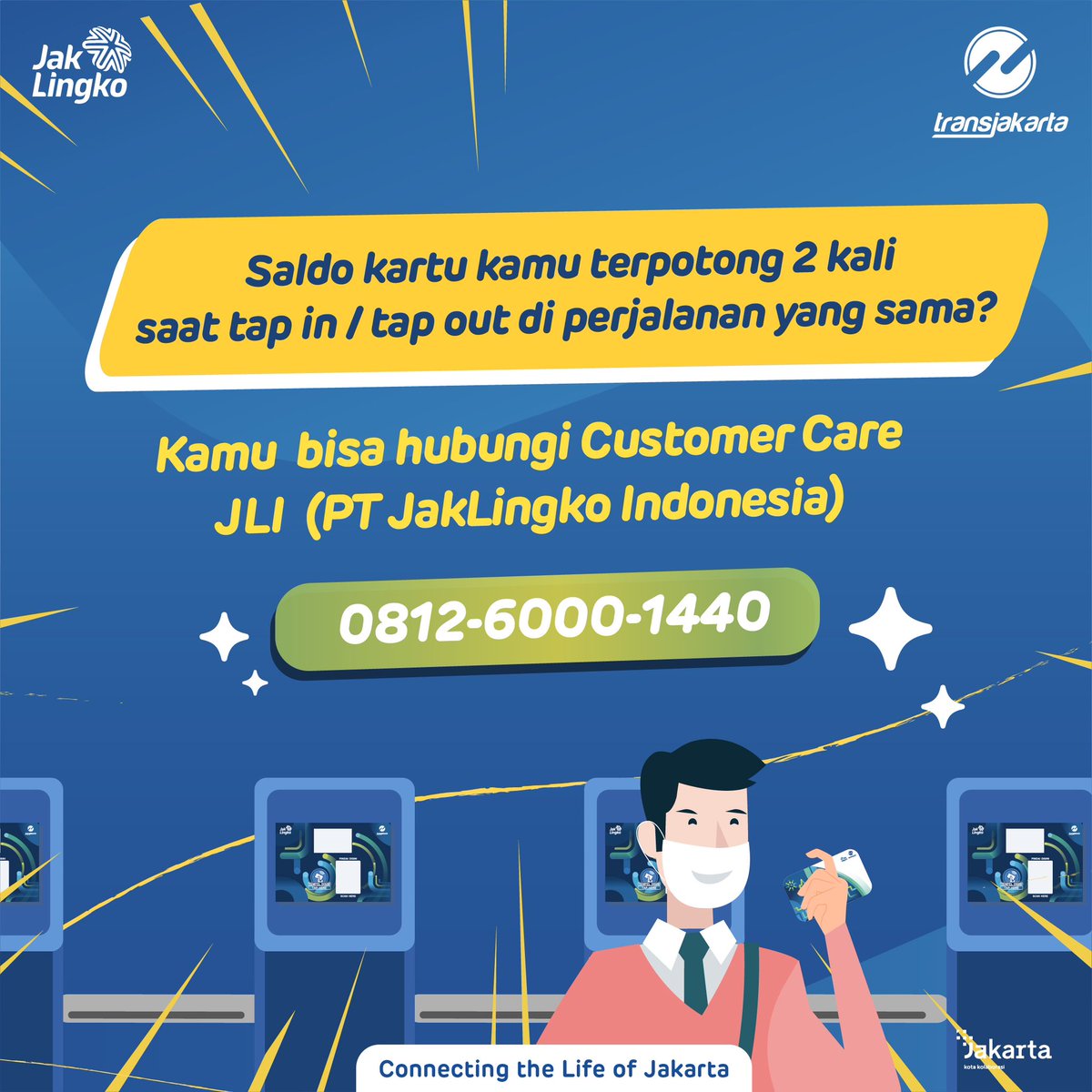 PT_Transjakarta's tweet image. Sahabat TiJe, jika kamu sudah tap out di perjalanan sebelumnya, namun saldomu tetap terpotong dua kali di perjalanan yang sama, Silahkan hubungi Customer Care JLI @jaklingkoindonesia (PT JakLingko Indonesia) di nomor WA: 0812-6000-1440

Mohon maaf atas ketidaknyamanannya