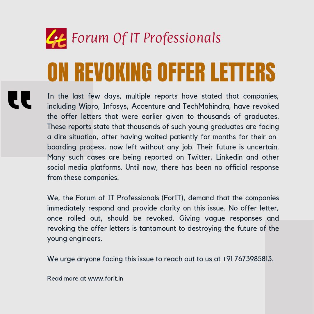 For_IT's tweet photo. Multiple reports state that companies including #wipro, #Infosys #accenture &amp; #techmahindra have revoked offer letters given to thousands of #graduates

We urge anyone facing this issue to reach out to us: +91 7673985813

#students #employment #offer #Jobs #Engineers https://t.co/j7mzaEAy7N