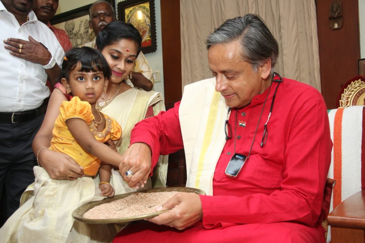 A particular joy for me is that learning knows no religious barrier. Hindu, Muslim &amp; Christian kids all willingly learned to write “Om Shri” at my hands in three languages! That’s Kerala. #Vidyarambham