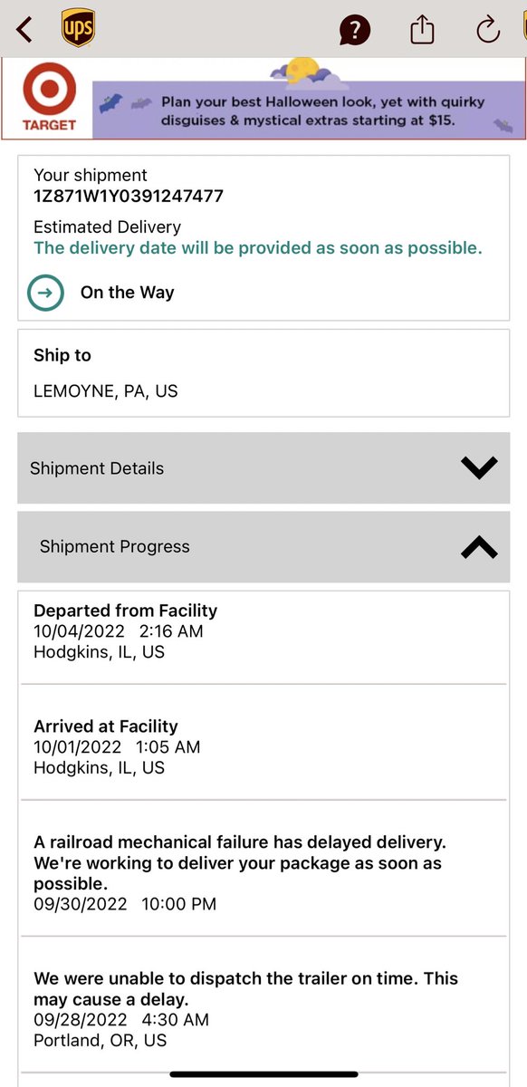 Timorrowland's tweet photo. Hey @UPS, this package was scheduled for delivery on 10/3 and it’s been two days with only one update, but no new scheduled delivery date. I can’t open a claim yet, but can you help? https://t.co/w0NAmP2tP9