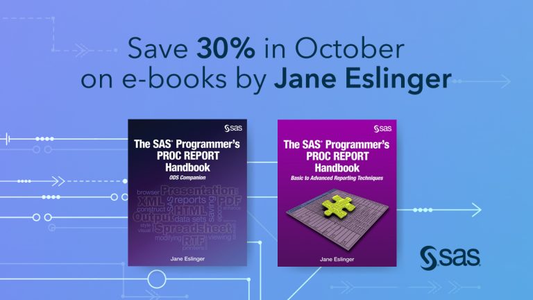 HomesAtMetacoda's tweet photo. Meet the October @SASsoftware Press Author, Jane Eslinger, who has written two books on PROC REPORT that are the go-to reference. Get the e-books before 31OCT with a 30% discount.
#SASusers #SAS #SAStip #SASpress #SASbooks #reports #BI #insights
https://t.co/Vnl6RriWtB https://t.co/kuCxXcOUXn