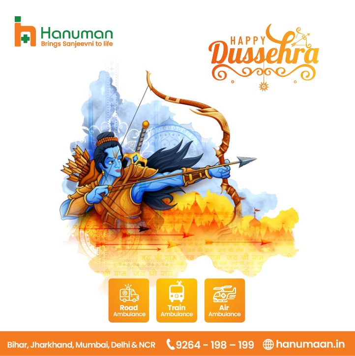 CareHanuman's tweet photo. May Lord Rama bless you and your family with strength to follow the path of virtue and righteousness. 

Best wishes for a joyous #Vijayadashmi from team Hanuman; may all the worries in your life burn with the effigy of Ravana!

#HappyDussehra #HanumanCares #hanumanambulance https://t.co/yTyYG0tjNh