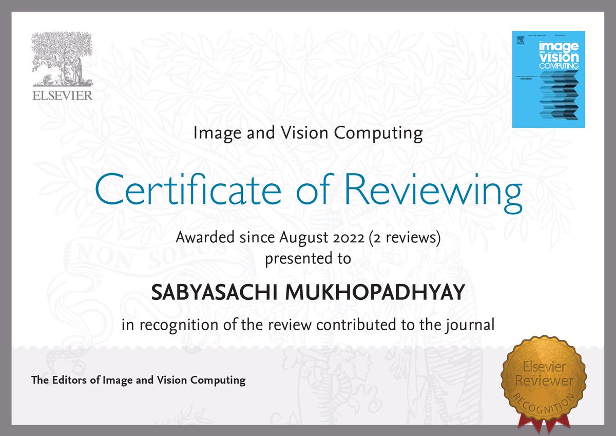 sabyasachi_uni's tweet photo. Completed one more review for #ImageandVisionComputing (Impact Factor: 3.86) ,#Elsevier.Thanks for the recognition.
#sabyasachimukhopadhyay #ResearchScholar #CCDS #CD
@IITKgp #IITKGP
#KGPIAN #AI #ML #IOT #DeepLearning #JournalReview #Researchpaper #Journal
@ElsevierConnect https://t.co/AT7JSEHxsx