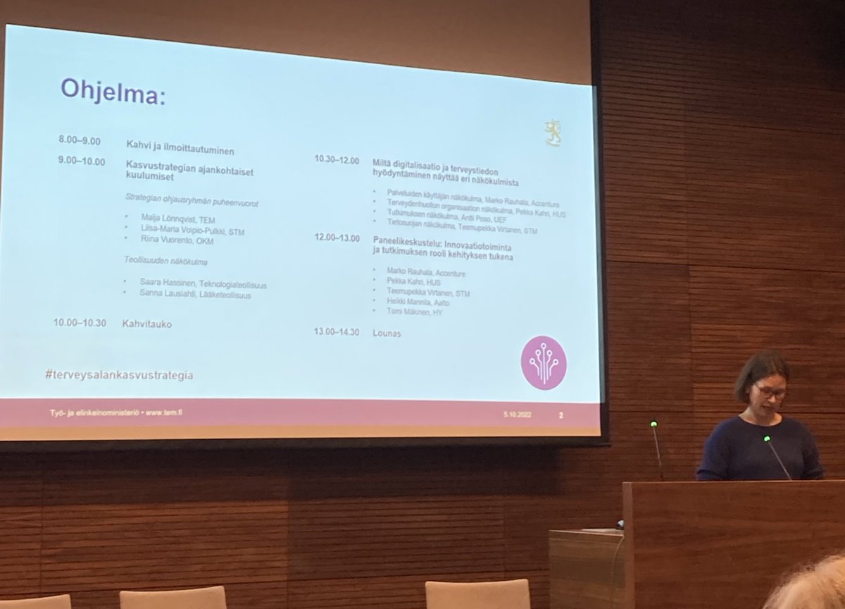 Terveysalan kasvustrategian vuosiseminaari alkamassa. Hienoa ministeriöiden TEM, STM, OKM (+Suomen Akatemia ja Business Finland) välistä yhteistyötä 👍   #terveysalankasvustrategia