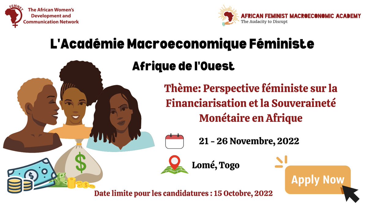 In Nov, FEMNET will host the African Feminist Macroeconomics Academy (AFMA) whose theme is "Feminist Perspective on Financialization and Monetary Sovereignty in Africa".

Click these links to see how to apply ⬇️
English > bit.ly/3rwVWKM
French > bit.ly/3RwempC