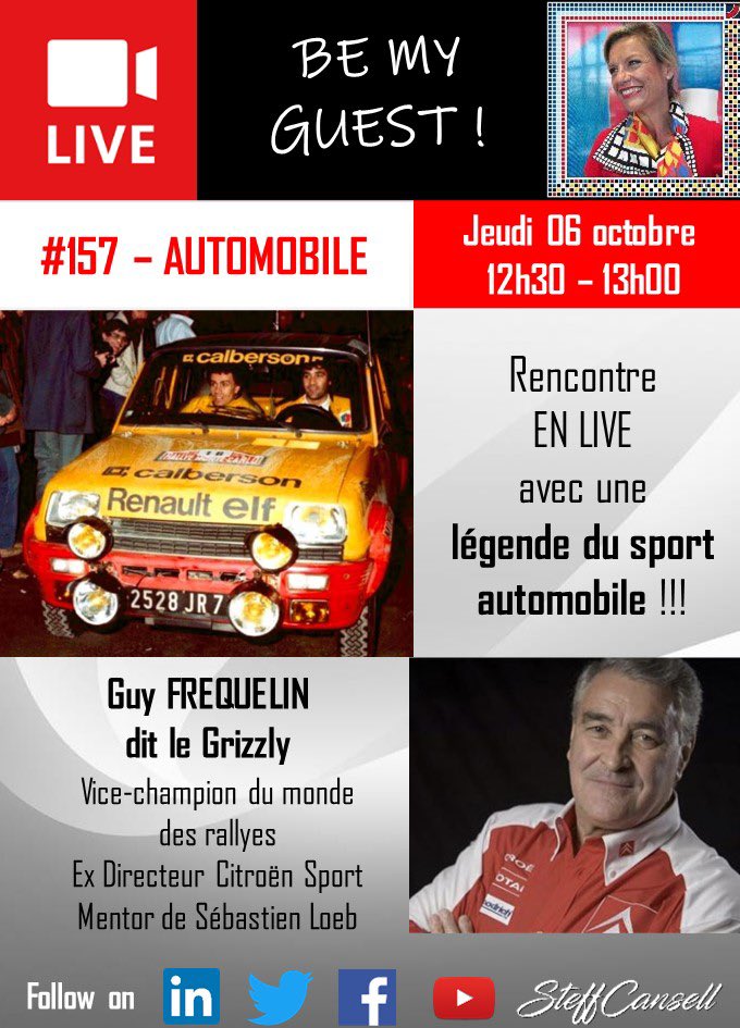steffcansell's tweet photo. Jeudi 6 à 12h30, je reçois une légende française du #rallye dans #BeMyGuest ! Guy FREQUELIN nous parlera EN LIVE de sa carrière de pilote, patron de CITROËN Sport, mentor de @SebastienLoeb! RV sur👉Twitter @steffcansell !#GuyFrequelin @CitroenFrance @FFSportAuto @mobiliansfr https://t.co/pSBdIxSTJk