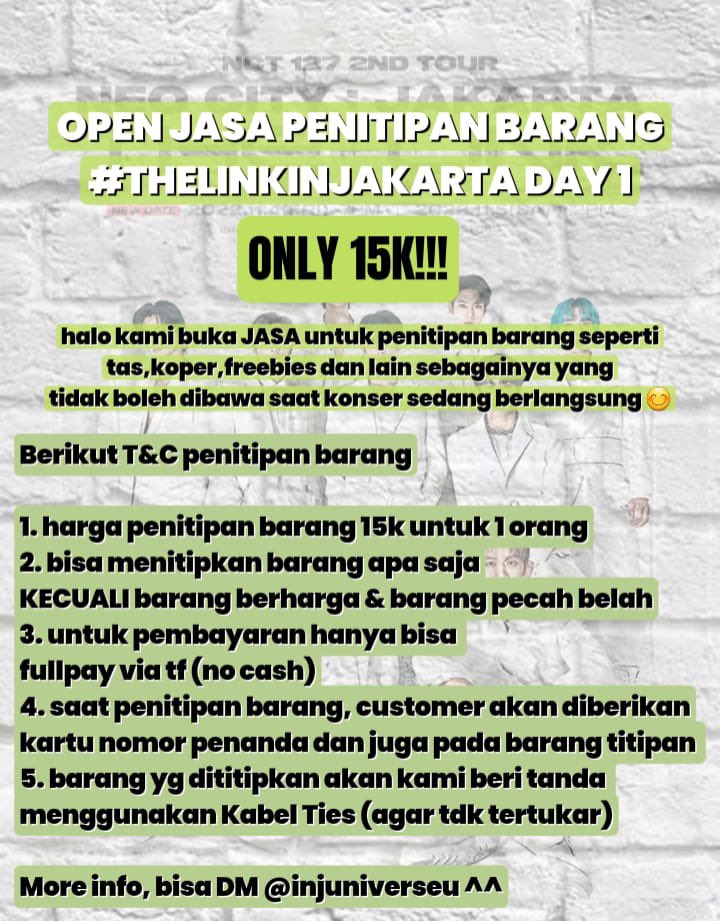 bunnyredrose's tweet photo. HELLO CONGRATSSS buat temen² yang berhasil dapetin ticket THE LINK IN JAKARTA 🥳💚

open jasa penitipan/titip barang selama konser #TheLinkinJKT #THELINKTourJKT #TheLinkinJakarta
Cuma 15k aja!
T&amp;C di desc foto ya^^
Insya Allah amanah 💚

DM for more
tags; the link jakarta nct 127 https://t.co/3cAxb89UU3