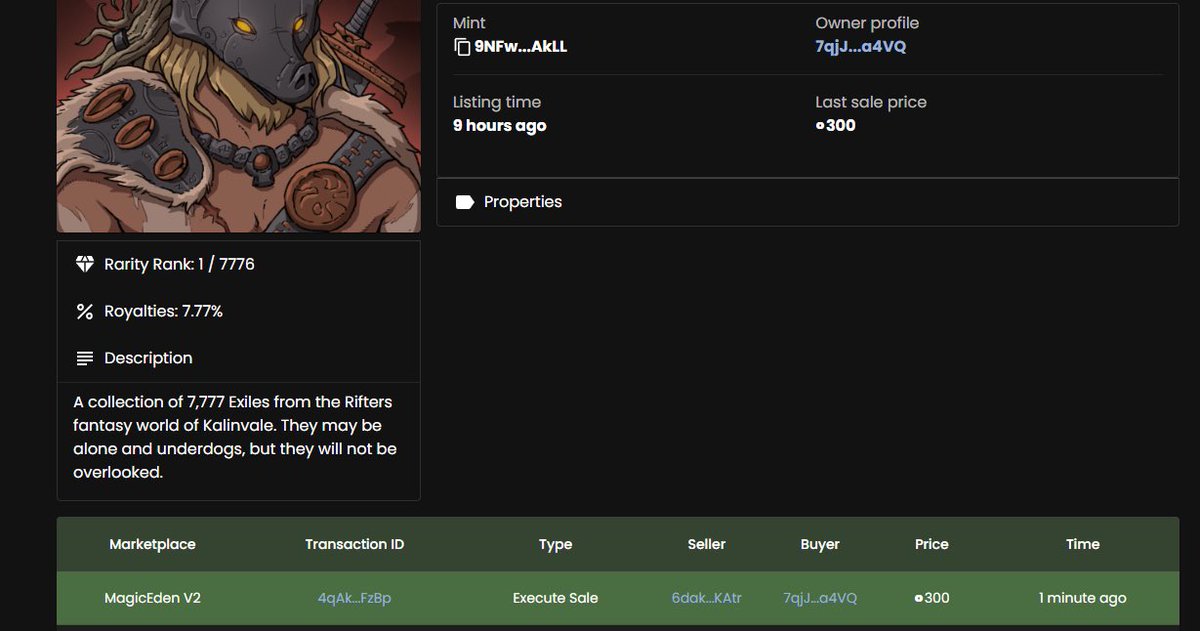 nikkoweb3's tweet photo. While ya all busy fudding and complaining, an exile king was bought for 300 sol 😂@riftersio @andrew_ringlein https://t.co/S1EOtWhrCC