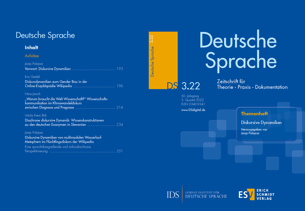 IDS_Mannheim's tweet photo. #Neu: Deutsche Sprache. Zeitschrift für Theorie, Praxis & Dokumentation, Heft 3/22. Themenheft: #Diskursive #Dynamiken. Hrsg. von Janja Polajnar. Mit Beiträgen von Eva Gredel, Nina Janich, Uršula Krevs Birk und Janja Polajnar.
👉__👉__https://t.co/PxkQTucHCb
@ESVmedien https://t.co/2SMDFLQNPV