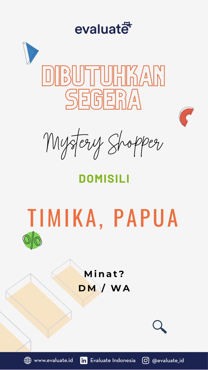 Urgently Needed! MYSTERY SHOPPER Domisili TIMIKA, Papua.
Yuk yang mau kerja #parttime segera DM IG @.evaluate_id / WA : wa.me/6282113030536

#Lokercot <a href="/hrdbacot/">HRD BACOT</a> #InfoLoker #mysteryshopper #infofreelance