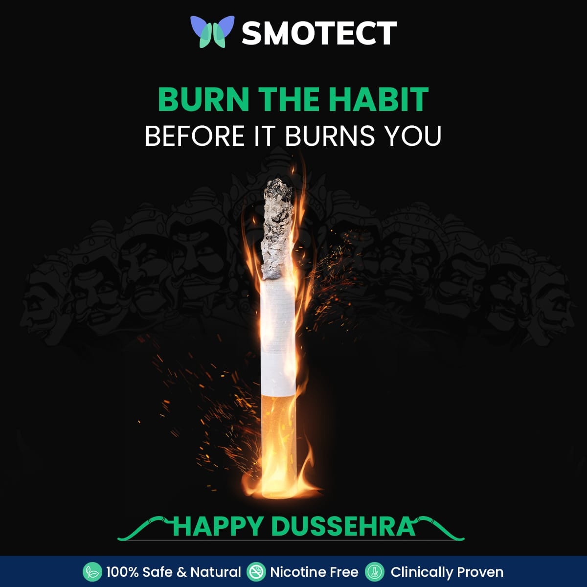 May the celebrations of Vijaya Dashami be full of high spirits and vibrant colours for you and your loved ones. 
Team Smotect sends you a warm wishes for a Happy Dussehra!

#Smotect #quitsmoke #quitsmokingnow #SmotectNaturalTablets #AyurvedicTablets #Alwayswithyou #ShopNow