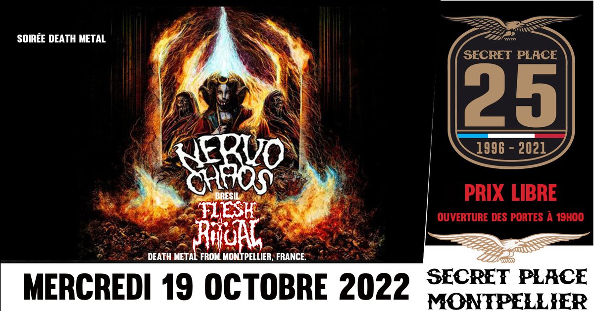 SueurDeMetal's tweet photo. NERVOCHAOS
FLESH RITUAL
Le 19/10/22 au Secret Place, Saint-jean-de-védas (34)
@secretplacetaf  
Infos : https://t.co/JbdPYp68Bx https://t.co/13bZHqrwhu