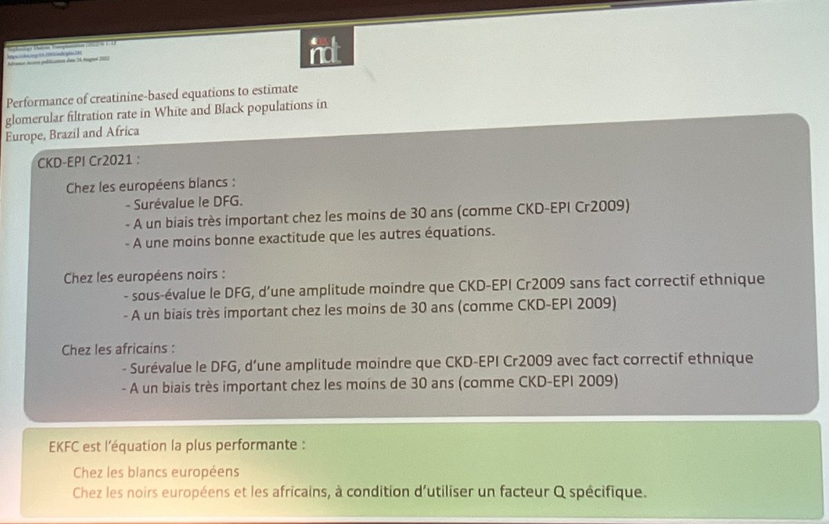 com_SFNDT's tweet photo. 🧪Si utilisation CKD-EPI Cr 2021 en Europe : 
→Diminution prévalence MRC chez blancs.
→Biais très important < 30 ans.
→Patients reclassés sont à plus haut risque d'événements CV, mais pas mieux dépistés.
👉🏼EKFC globalement plus performante.
https://t.co/bdCTJgGDSz
#SFNDT2022 https://t.co/VhCgXxmvoG