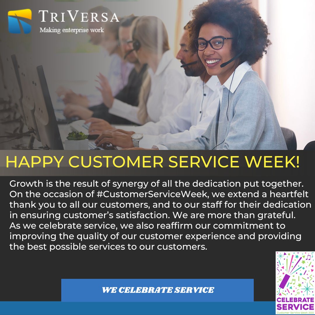 triversa_ng's tweet photo. To all our clients, a very Happy Customer Service Week…. We promise to deliver you the best of services each and every time. #CustomerServiceWeek #CustomerServiceWeek2022 #employeeappreciation https://t.co/N2Uvvq10k6