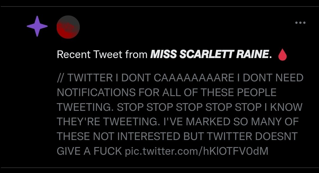 <a href="/tofindDIVINITY/">𝙈𝙄𝙎𝙎 𝙎𝘾𝘼𝙍𝙇𝙀𝙏𝙏 𝙍𝘼𝙄𝙉𝙀. 🩸</a> / the fact that i got this tweet as a notification.....
