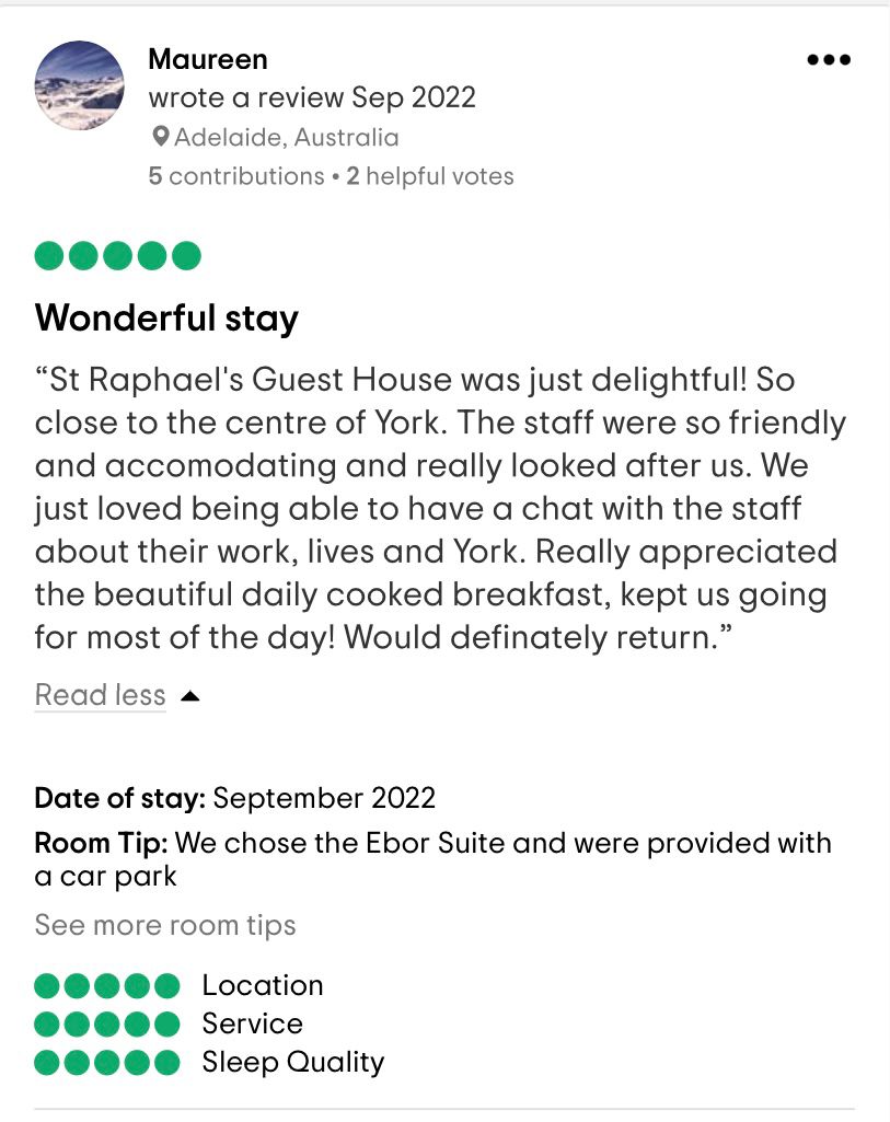 straphaelyork44's tweet photo. A recent review left by one of our lovely guests. Thank you for the fantastic feedback! 
Book with us directly for the best prices: 
By phone: 01904 645028
By email: info@straphaelguesthouse.co.uk https://t.co/B65RF7dE9T