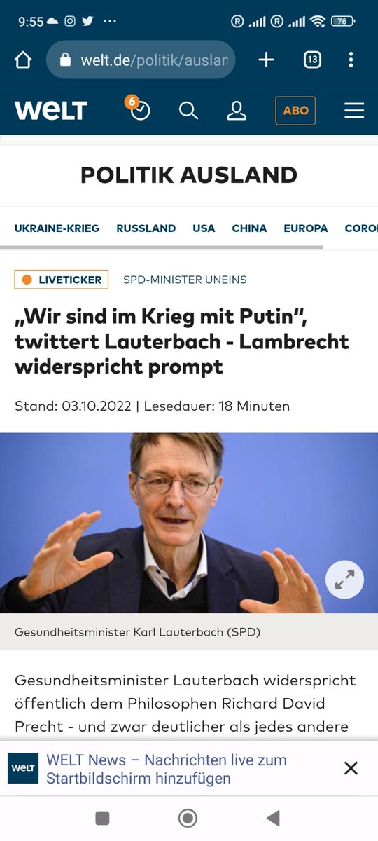 Almanya sağlık bakanı Lauterbach: 
Putin ile savaştayiz.  
Galiba Almanya seyahatimi ertelemem gerekecek. Sizce ne zaman iyice patlar. ( En geç ilkbahar diyorum ) veya sadece ekonomik olarak devam eder ?