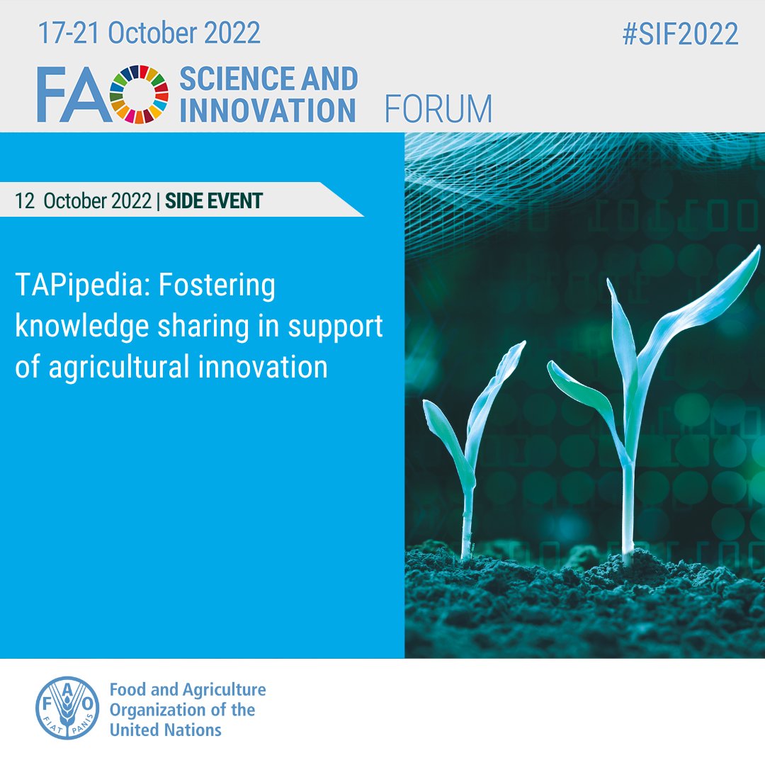 📢 Save the date!

Webinar 'TAPipedia: Fostering #knowledge sharing in support of agricultural innovation'💡

organized by #FAO #TAP_G20
as a side event of FAO Science and Innovation Forum

✍️Register now! fao.zoom.us/webinar/regist…
 
🗓️12 October 🕚16:30 CET

#SIF2022 #AgInnovation