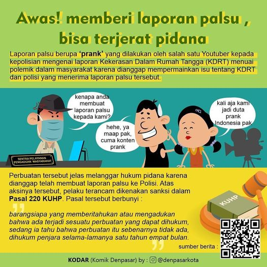 DenpasarKota's tweet photo. Siapa ni disini yang suka memberikan Laporan Palsu “Ngeprank” 🤔
Hati hati lo, karena bisa terjerat Pasal 220 KUHP. Tetap smart dalam berSosmed ya Warga Kota!
#DENPASARKOTA #prank #palsu #laporan #pengaduan #polosi https://t.co/qV0viaQ9DS