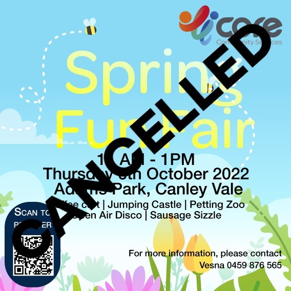 The weather is not on our side this week with many families looking forward to tomorrow's Spring Fun Fair event. We have had to reschedule this event until a later date. 

We apologise for this (all registered attendees have been sent an SMS to their registered mobile number.)